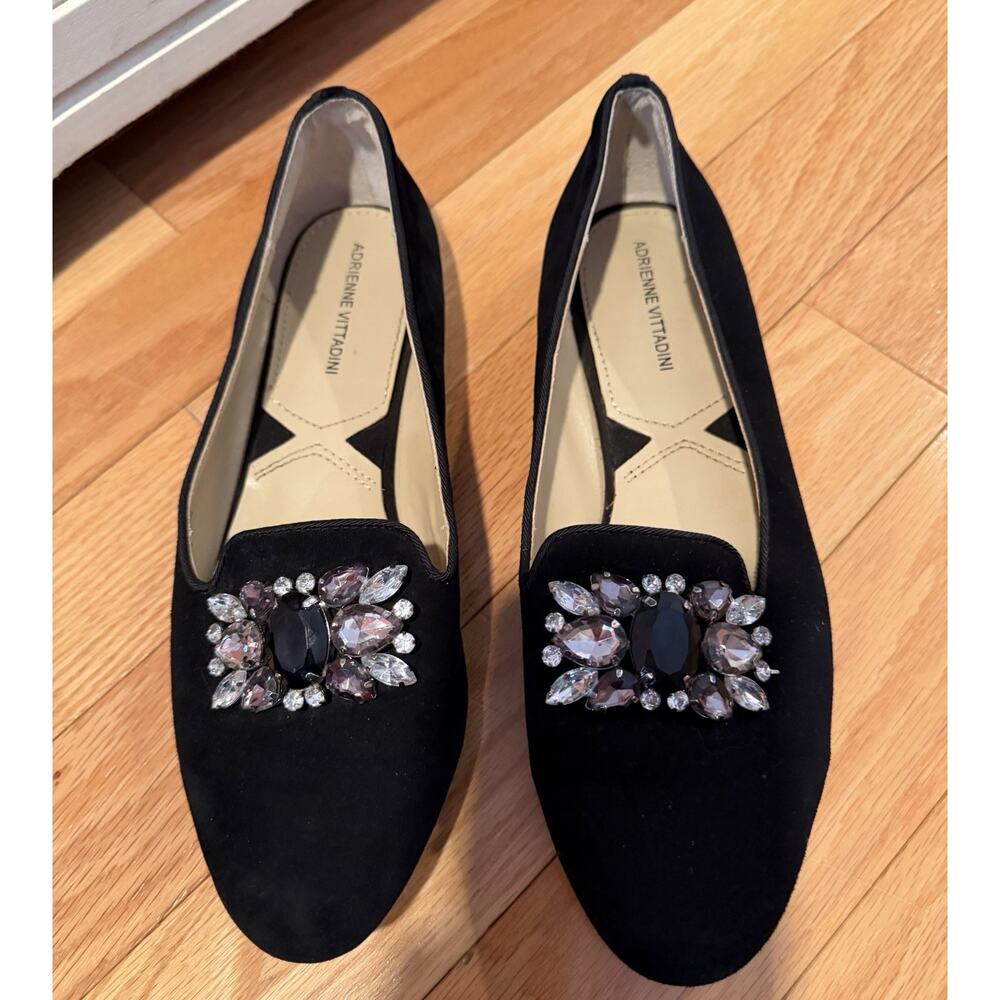 Adrienne Vittadini Black Velvet Rhinestone Flats Shoes Women's Size 7 M
